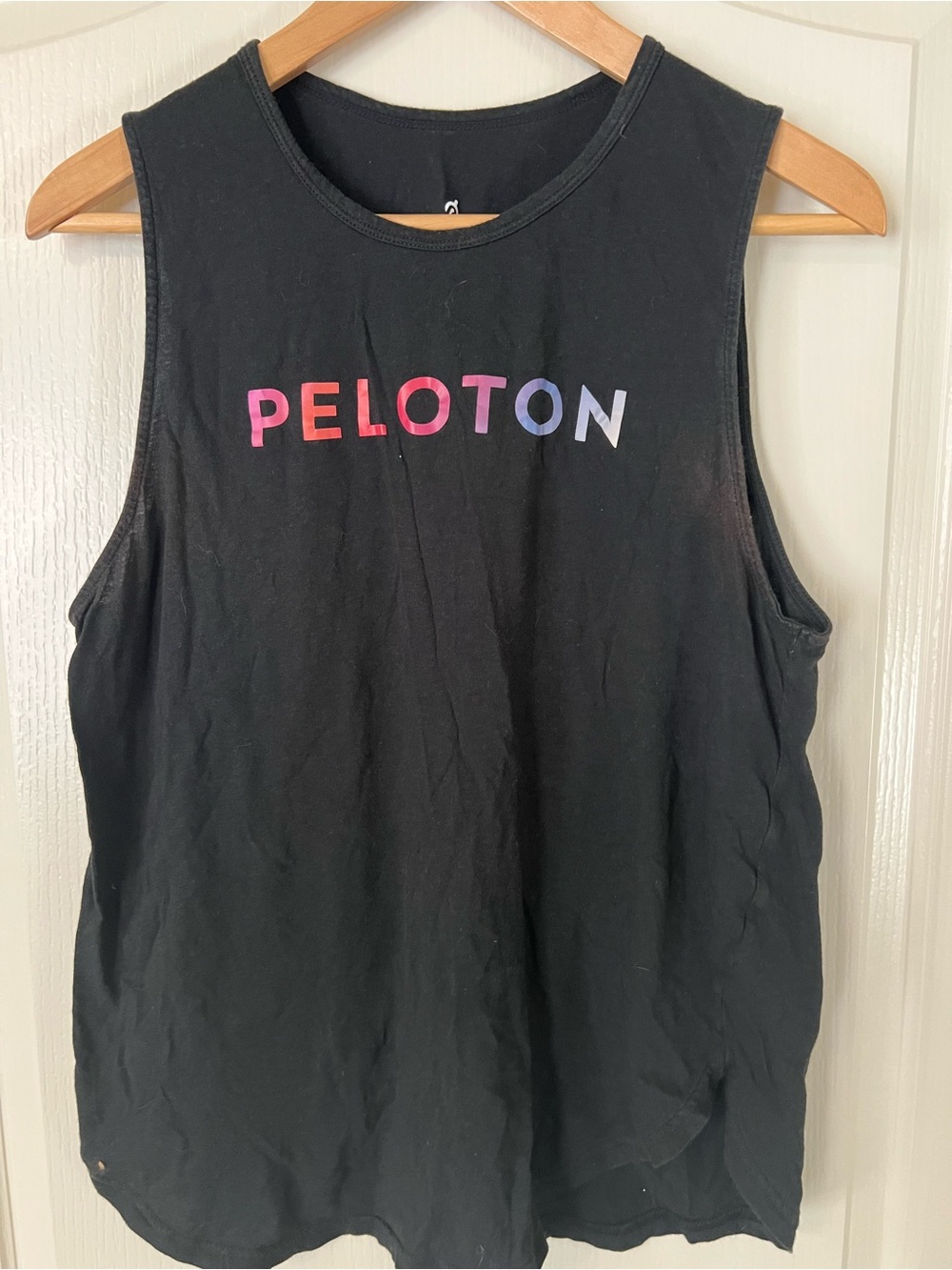 Peloton Black Tank with Pink to Purple Gradient Logo